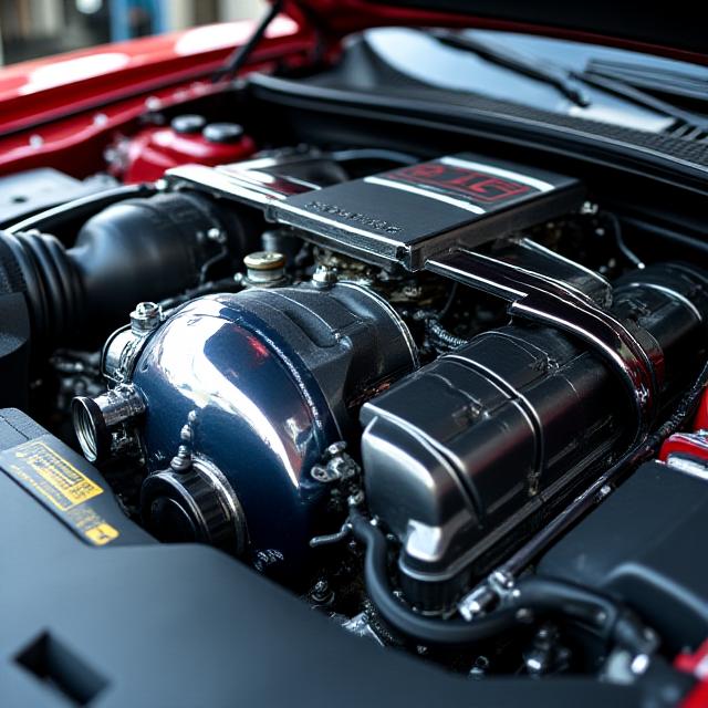 Gleaming Ford Mustang GT V8 engine bay, showcasing a newly installed high-performance supercharger system.