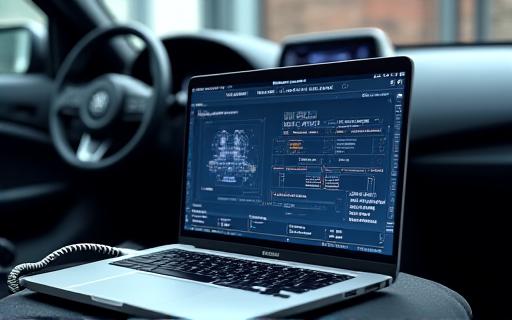Laptop connected to vehicle's OBD-II port, displaying diagnostic software for ECU remapping.