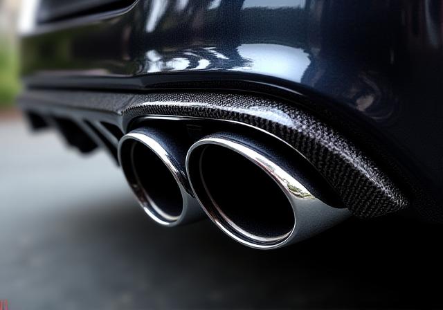 Close-up of polished carbon fibre exhaust tips on a powerful Mercedes-AMG C63, emphasizing performance aesthetics.